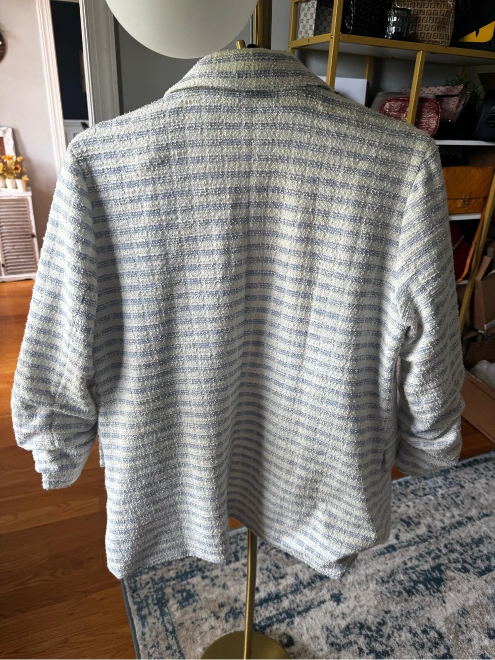 Skies Are Blue Blue & White Striped Tweed Ruched 3/4 Sleeve Blazer - Picture 5 of 5